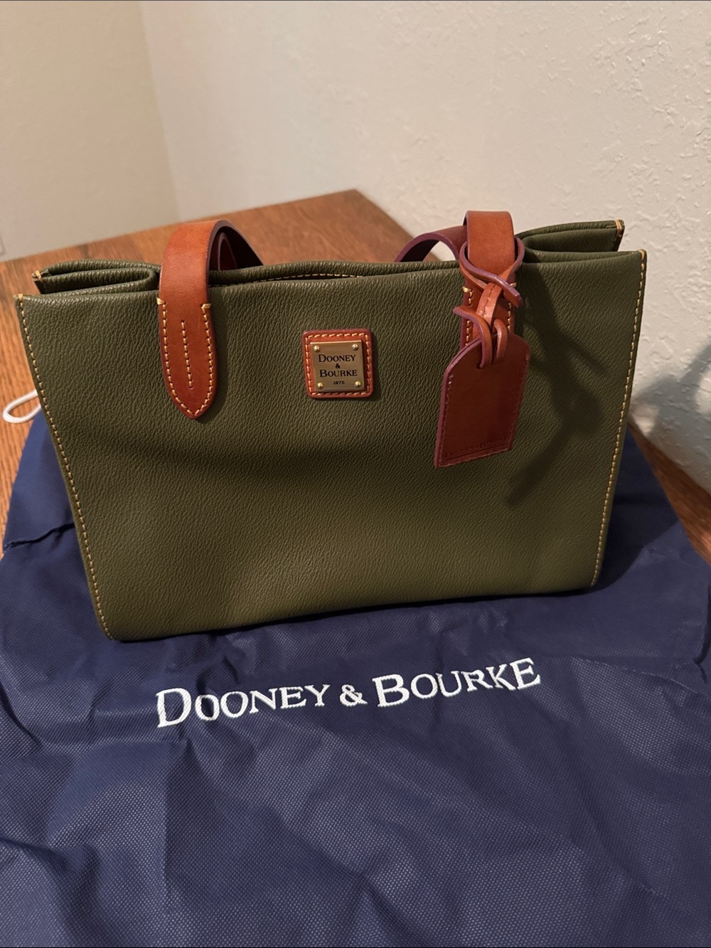 Dooney & Bourke Olive Green Leather Shoulder Bag with Brown Straps